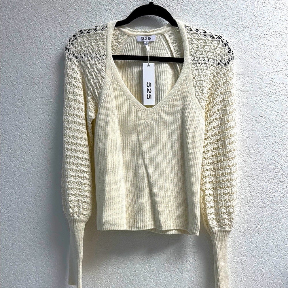 NEW- 525 Chic Cream 100% Cotton Open Knit V neck Sweater S - Picture 3 of 10